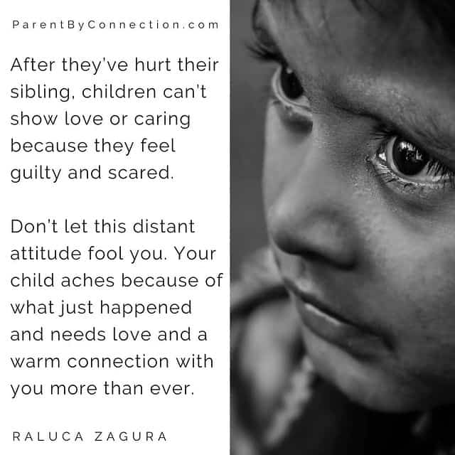 After they’ve hurt their sibling, children can’t show love or caring because they feel guilty and scared. Don’t let this distant attitude fool you. Your child aches because of what just happened and needs love and a warm connection with you more than ever